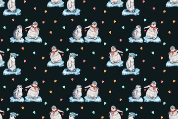 seamless watercolor pattern. cute penguins are playing on crisis. little penguins for the holidays.   Christmas. animals on Christmas