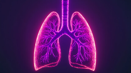 A vibrant illustration of human lungs, glowing in pink and purple hues against a dark background, showcasing respiratory system anatomy.