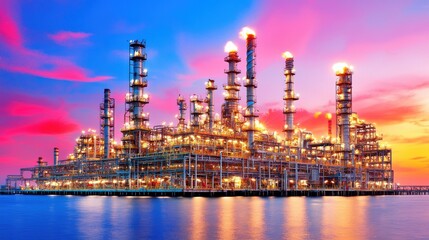Majestic Oil Refinery Plant at Sunset Skyline with Colorful Lights