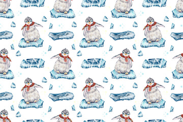 seamless watercolor pattern. cute penguins are playing on crisis. little penguins for the holidays.   Christmas. animals on Christmas