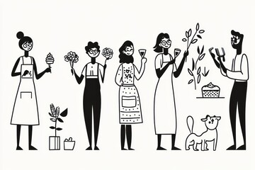 Black and white simple line art vector illustration of various people holding glasses, flowers, cake, and hair clippers in their hands, smiling at each other.