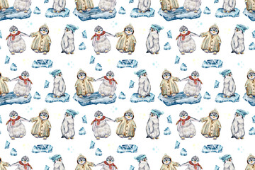 seamless watercolor pattern. cute penguins are playing on crisis. little penguins for the holidays.   Christmas. animals on Christmas