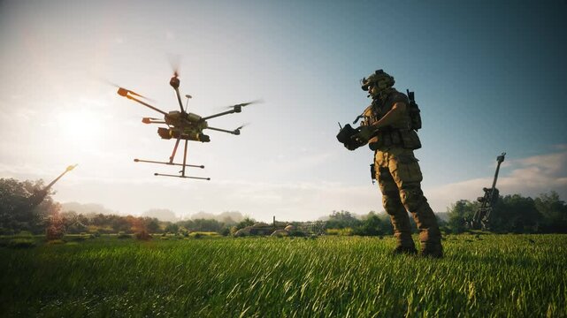 A soldier operates a drone in a field. Combat use of drones. The concept of using modern technologies in the army. Military uses a drone. Civilian drone with bombs