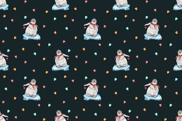 seamless watercolor pattern. cute penguins are playing on crisis. little penguins for the holidays.   Christmas. animals on Christmas. Pengiun cartoon. fanny penguins. penguins on valentine's day