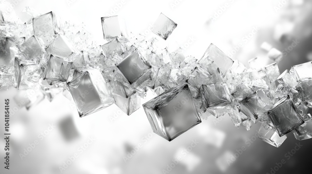 Poster translucent ice cubes are suspended in mid-air, creating an abstract arrangement against a soft, glo
