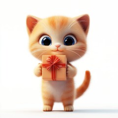 3D rendering cute cat holding a gift box isolated over white background.