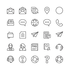 Set of 25 Communication and Support Line Icons - Contact, Email, FAQ, Help, and Business Symbols