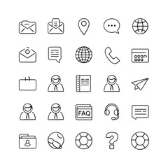 Set of 25 Communication and Support Line Icons - Contact, Email, FAQ, Help, and Business Symbols