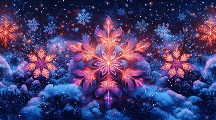 Fototapeta premium Neon red snowflakes glowing in a winter wonderland at night