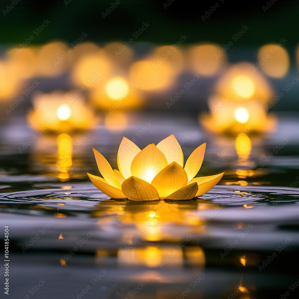 Sticker Illuminated Lotus Flower Floating on Water.