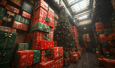 Fototapeta premium Santa's storage room. A large room with Christmas presents and a Christmas tree.