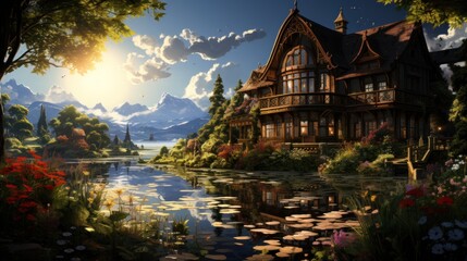 Fototapeta premium Lakefront Manor Amidst Majestic Mountains