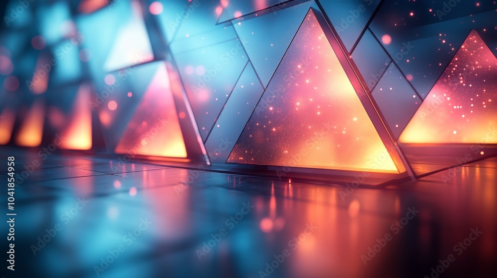 Fototapete The vibrant triangular shapes emit an intriguing blend of colors, casting reflections on the glossy surface beneath. The interplay of lights creates an enchanting atmosphere in an evening setting.