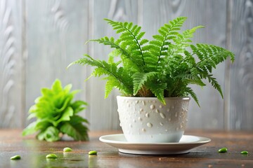 A lush green fern is placed in a small white ceramic pot with a saucer and water droplets on the leaves, soil quality, hydroponics