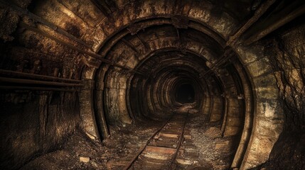 The old underground tunnel of a gold mine, dimly lit, where miners once toiled to extract precious...