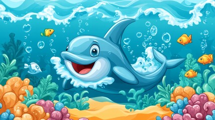 Obraz premium Happy Dolphin Swimming Underwater with Fish and Coral Reef