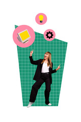 Vertical photo collage of happy business girl dance light bulb idea plan finding gearwheel pc monitor screen isolated on painted background