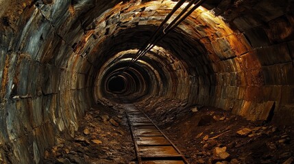 Naklejka premium The old, weathered walls of a gold mine tunnel deep underground, hinting at the immense effort required to extract the precious metal.
