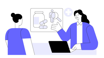 Doctor and patient. Female doctor shows medications and offers examination.