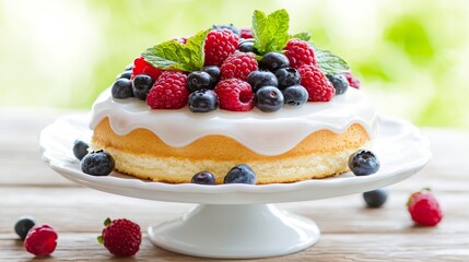 Fresh Fruit Cake with Berries and Mint Garnish