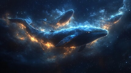 Fototapeta premium Whales Drift Through the Night Sky in Abstract Art