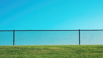 An empty soccer gate on a green grass field, with the bright blue sky above, showing the peaceful stillness of an untouched outdoor sports environment. --chaos