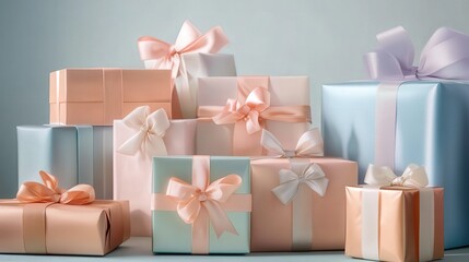 Obraz premium Elegant Gift Boxes with Satin Ribbons in a Variety of Pastel Colors Arranged on a Light Background