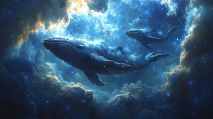 Obraz premium Ethereal Whales Floating Through Deep Space