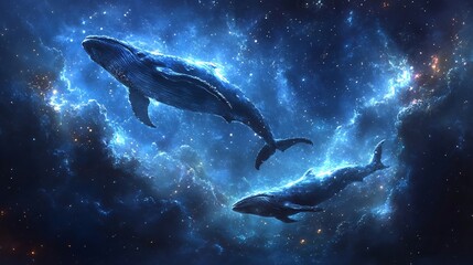 Fototapeta premium Cosmic Whales Swimming in Ethereal Space