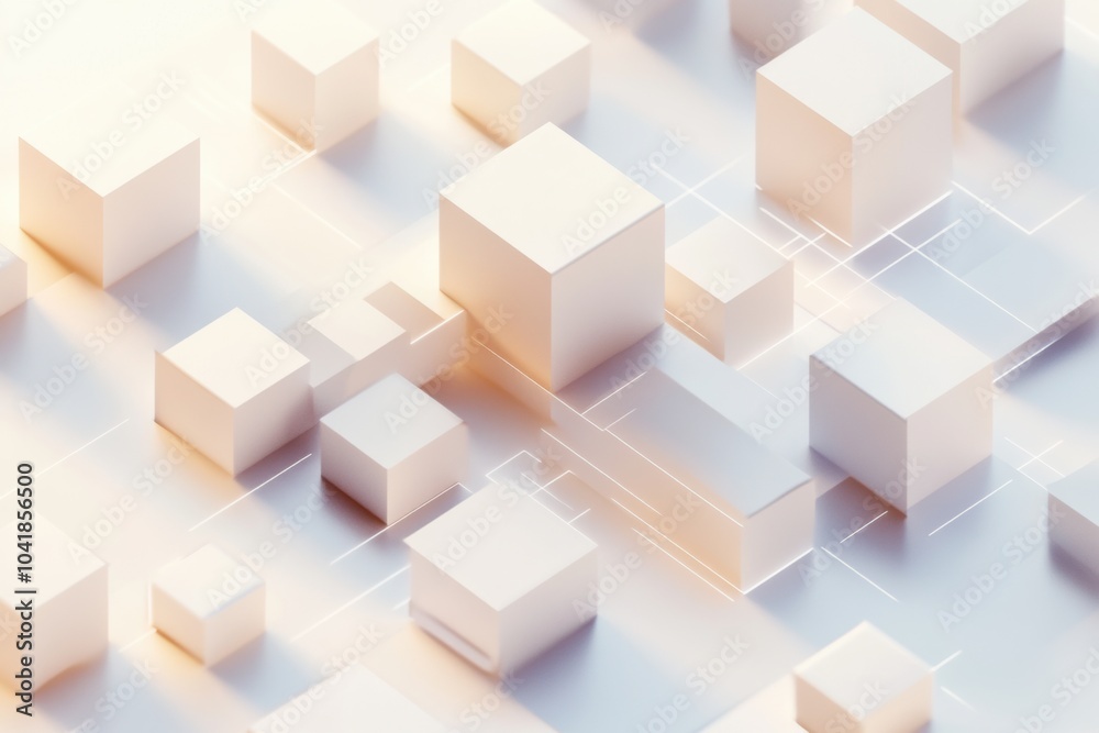 Aufkleber cubes of different sizes and shades connect through overlapping lines on a light backdrop, creating 