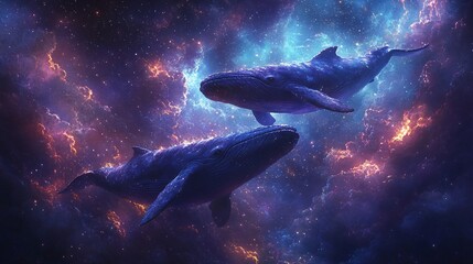Fototapeta premium Ethereal Whales Floating in Cosmic Space