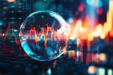 Fototapeta premium Conceptual image of a financial bubble rising and popping with reflections of market data, economic bubble, financial risks