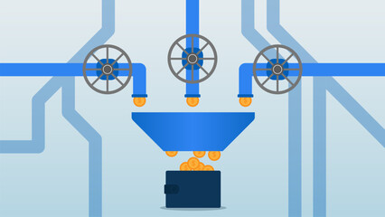 Multiple income streams, revenue from invest, business profit and passive income concept with coins coming out of the pipe and into the wallet