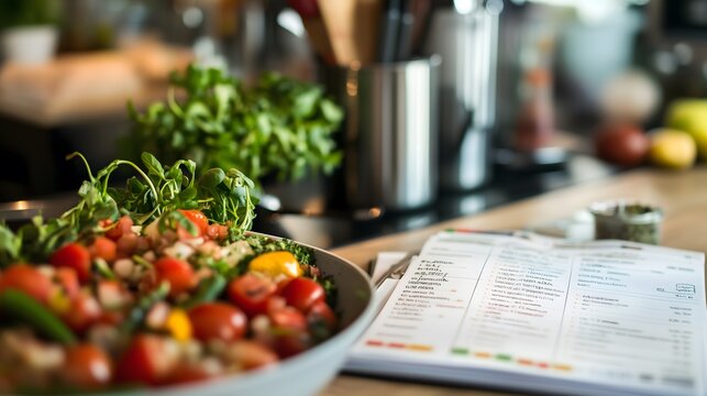 Personal nutrition plan in notebook tracks daily bowl of vegetable food while health fitness goals meet target weight through balanced diet choices for wellness journey