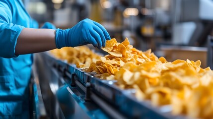 Production line workers in chip factory manage automated technology and conveyor systems while manufacture industry shifts to automation through new automated industry-level conveyor assembly line