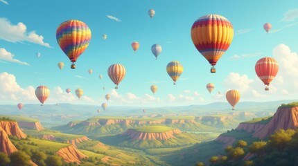 Obraz premium Several colorful hot air balloons ascend above a detailed landscape of rolling hills and valleys, creating a stunning view filled with vibrant hues against a backdrop of lush greenery and gentle slope