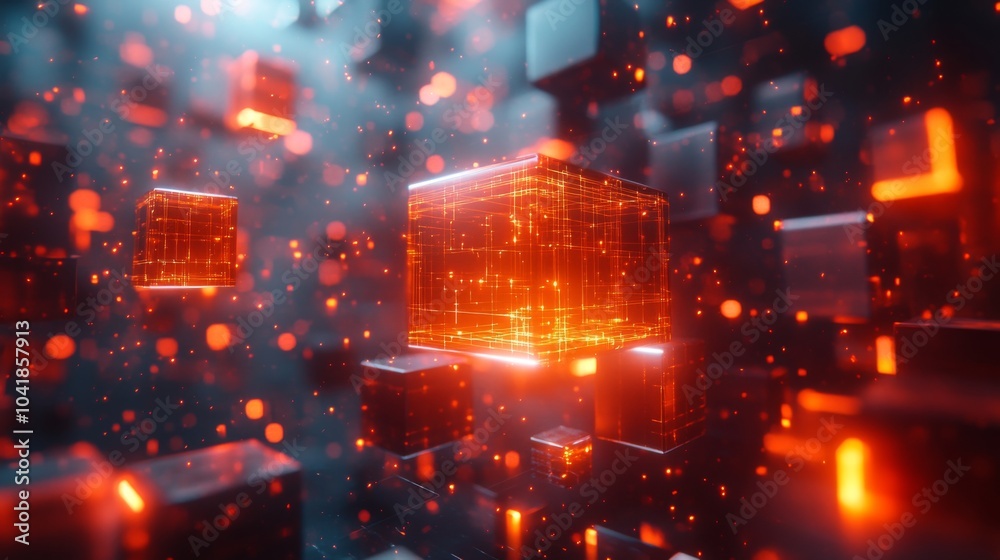 Poster Glowing cubes hover in a dynamic digital environment, surrounded by a haze of colorful particles that create a captivating, immersive effect.