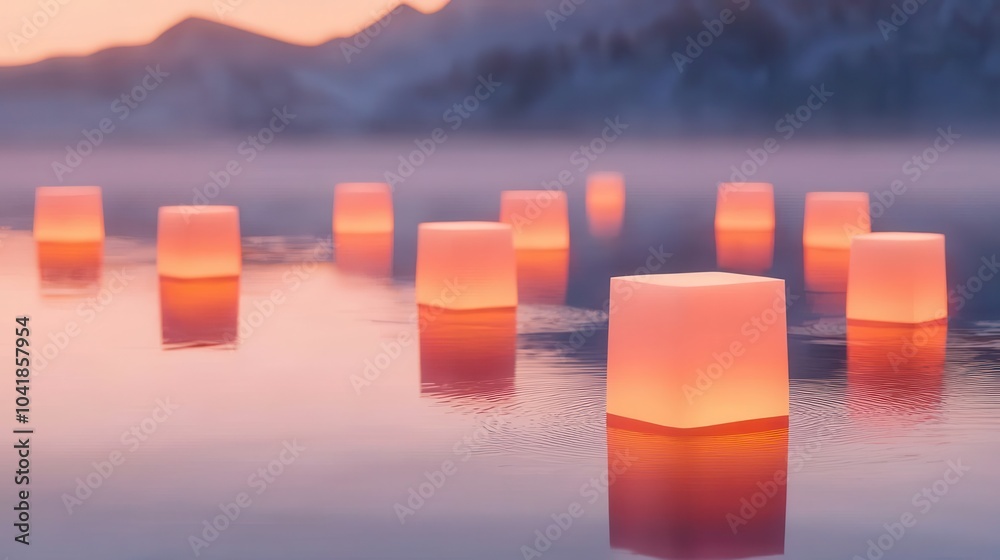 Canvas Prints Glowing Lanterns on a Misty Lake at Sunset.