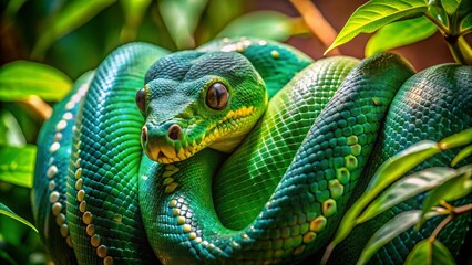 Fototapeta premium Emerald Boa Snake Among Lush Tropical Foliage - Captivating Wildlife Photography