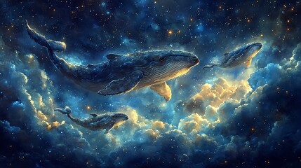 Minimalist Watercolor Whales Gliding Through Clouds