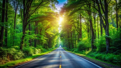 Obraz premium Empty Asphalt Road Through Lush Green Forest - Scenic Nature Pathway Photography