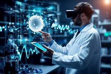 Fototapeta premium Using a tablet and a headpiece, a man in a lab coat wears a biopunk headpiece when he accesses a virtual interface on the tablet