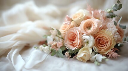 Fototapeta premium Delicate bouquet of soft peach roses and creamy flowers.