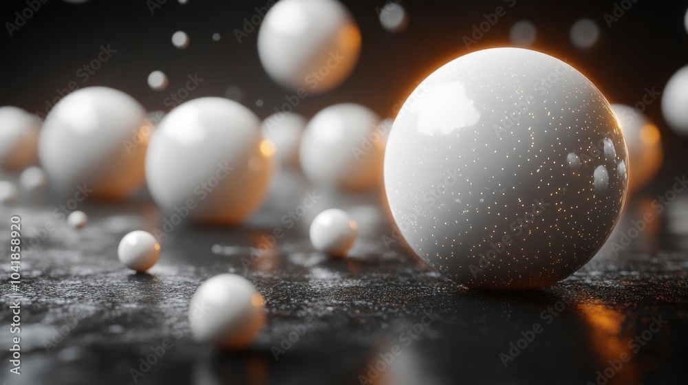 Poster A collection of white spheres is scattered across a dark surface, illuminated by soft glowing light, creating an intriguing abstract display in a creative setting.