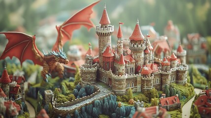 Fototapeta premium Fantasy castle with dragon on a whimsical landscape.