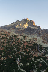 Vysoka mountain peak from Tatranska Magistrala hiking trail above Popradske pleso lake in High Tatras mountains in Slovakia