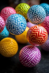 A colorful assortment of patterned balls, suspended in mid-air, creating a playful atmosphere.