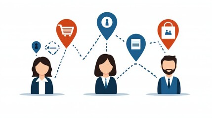 Professional network illustration with diverse characters and connection icons.