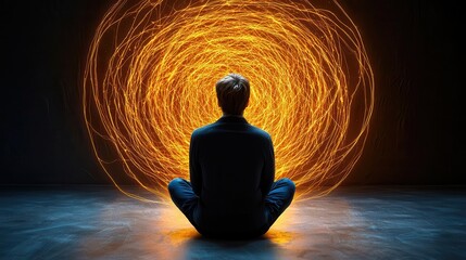 Person meditating amidst a glowing circular pattern, dark background.