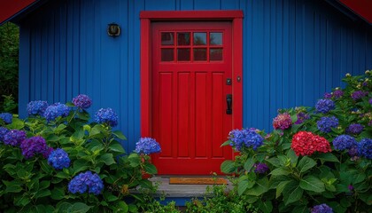 Obraz premium A vibrant red door framed by colorful hydrangeas against a blue wall, creating a welcoming entrance.